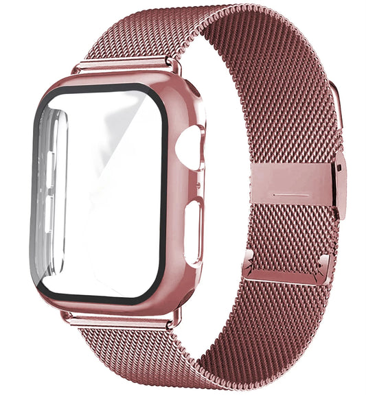 Glass+Case+Strap Compatible with Apple Watch Band 40Mm 44Mm 41Mm 45Mm 38Mm 42Mm Milanese Loop Magnetic Loop Bracelet Band Iwatch Series 3 4 5 Se 6 7 8 9 Wristbands - Silver-Silver