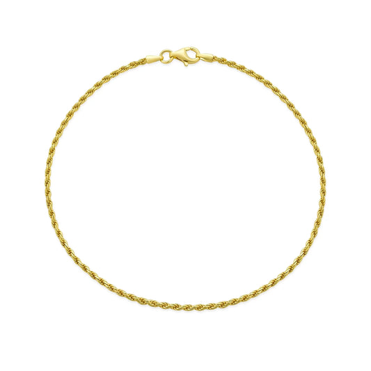 Yellow 14K Gold Plated .925 Sterling Silver 9 Inch Cable Rope Chain Anklet